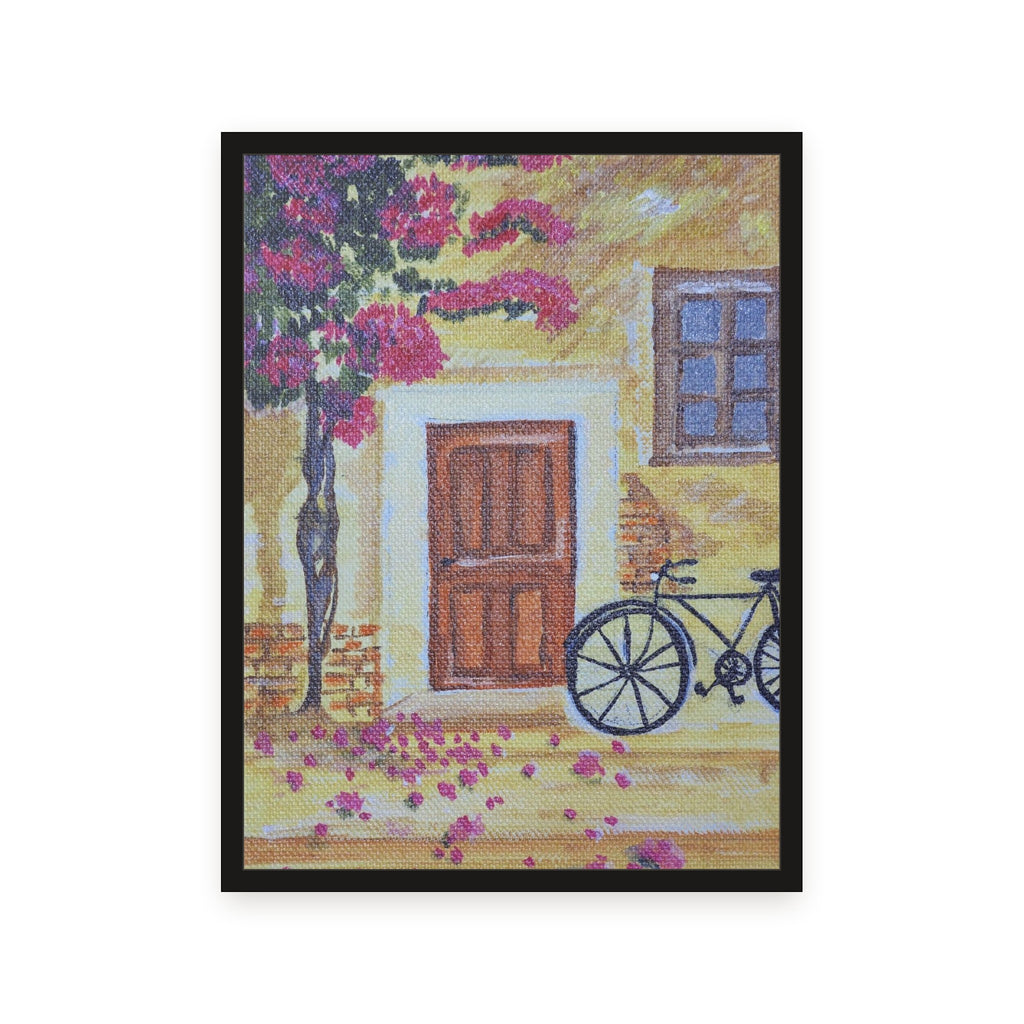 Bougainvillea, a hand-painted street scene, as a framed print in a black wooden frame