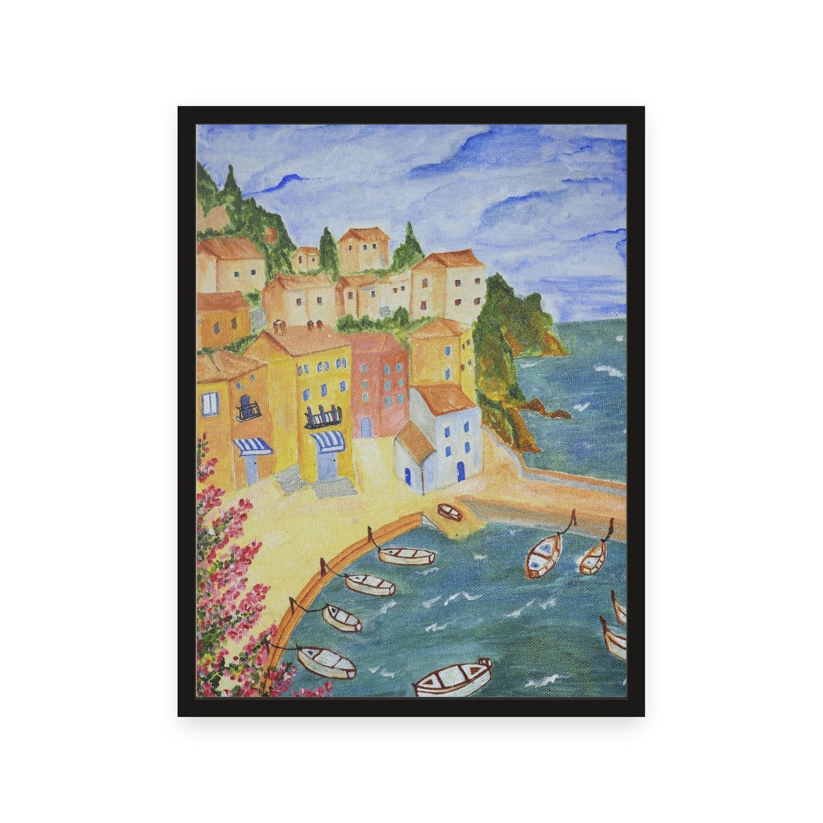 Mediterranean Harbour as a framed print in a black wooden frame