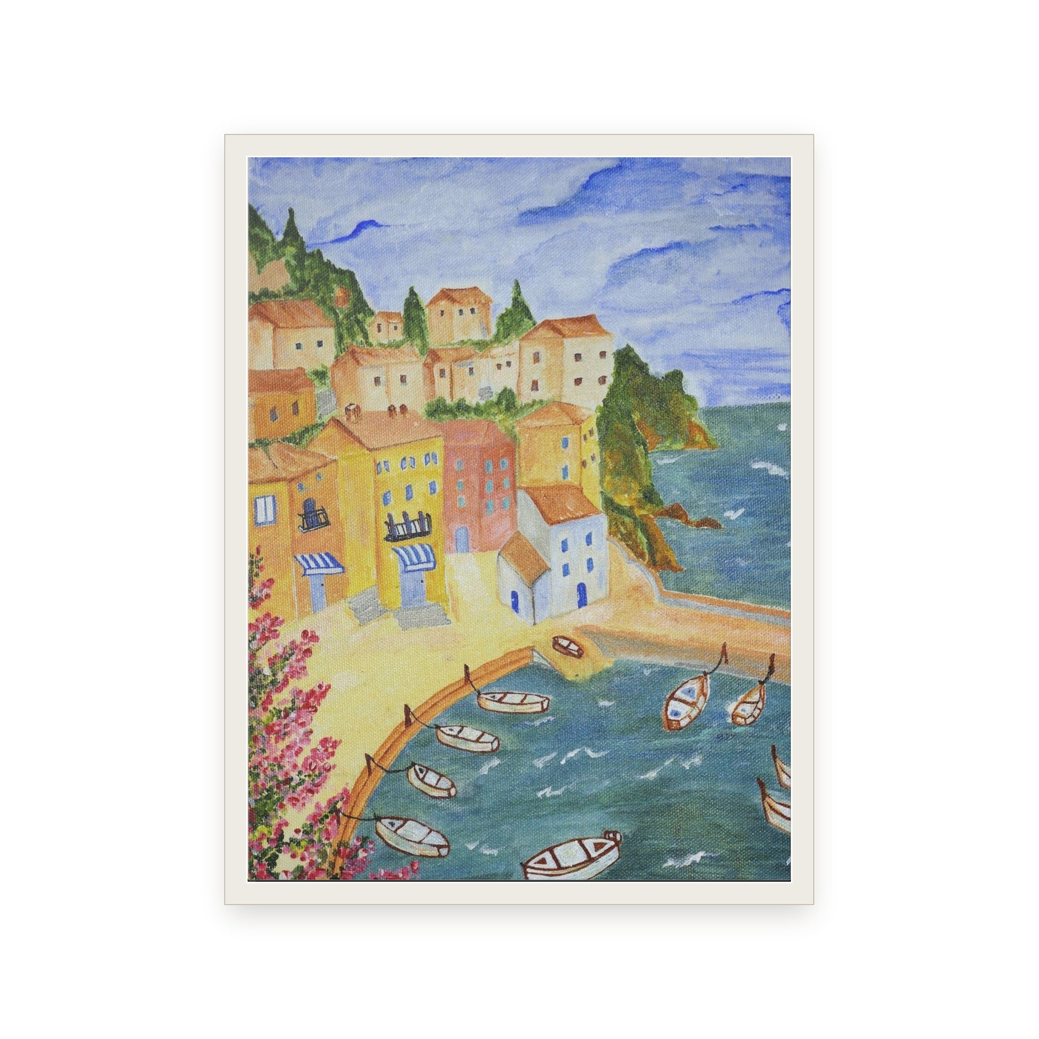Mediterranean Harbour as a framed print in a white wooden frame