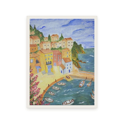 Mediterranean Harbour as a framed print in a white wooden frame