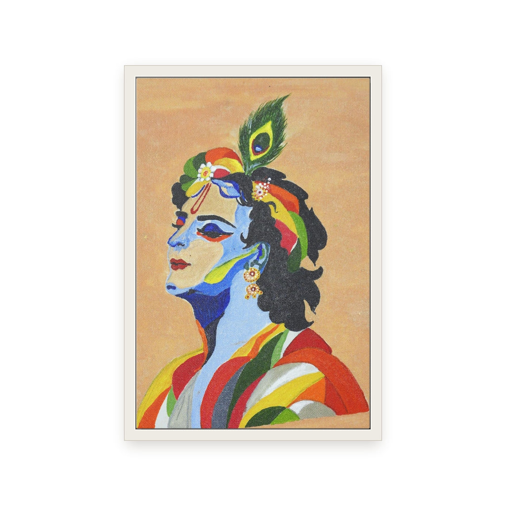 Krishna as a framed print in a white wooden frame