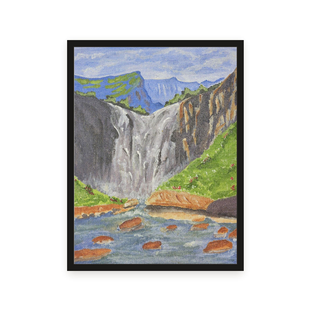 Waterfall as a framed print in a black wooden frame