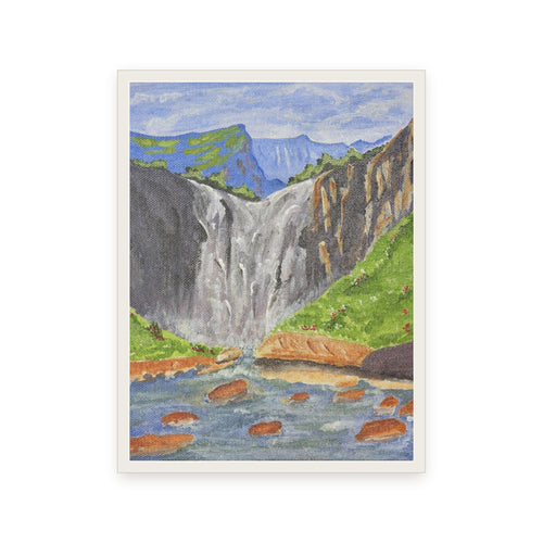 Waterfall as a framed print in a white wooden frame